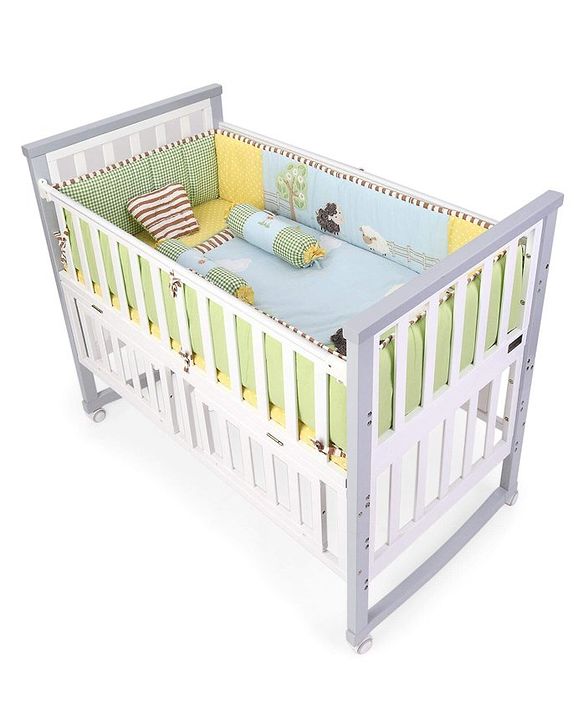 Babyhug Premium Cotton Crib Bedding Set Farm Theme Large Pack of 6 - Light Green (Cot not Included)