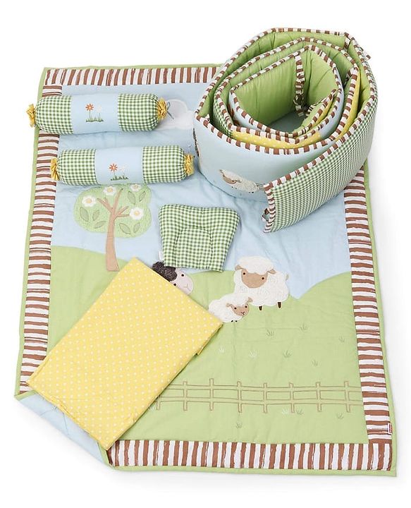 Babyhug Premium Cotton Crib Bedding Set Farm Theme Large Pack of 6 - Light Green (Cot not Included)