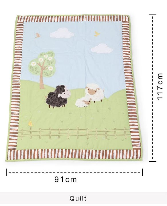 Babyhug Premium Cotton Crib Bedding Set Farm Theme Large Pack of 6 - Light Green (Cot not Included)