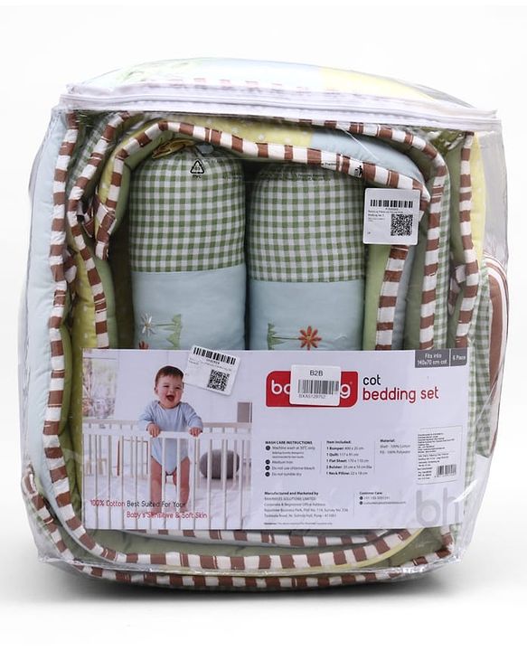 Babyhug Premium Cotton Crib Bedding Set Farm Theme Large Pack of 6 - Light Green (Cot not Included)