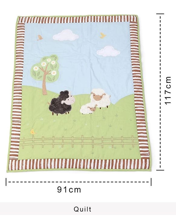 Babyhug Premium Cotton Crib Bedding Set Farm Theme Small Pack of 6 - Light Green (Cot not Included)