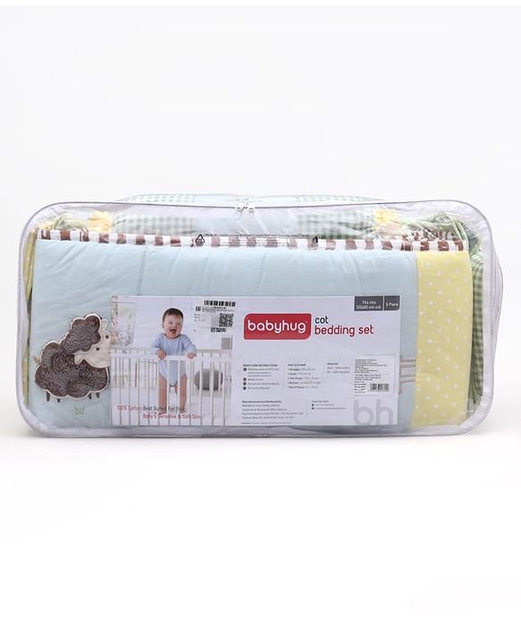 Babyhug Premium Cotton Crib Bedding Set Farm Theme Small Pack of 6 - Light Green (Cot not Included)