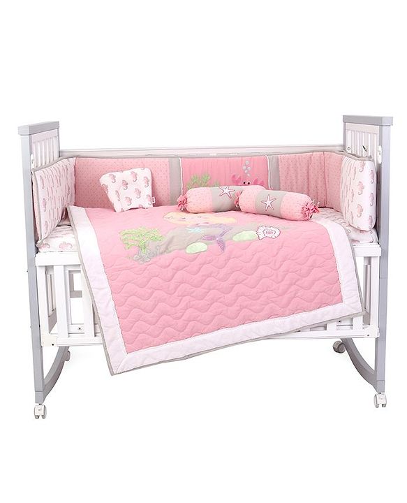 Babyhug Premium Cotton Embroidered Crib Bedding Set Seahorse Theme Large Pack of 6 - Pink