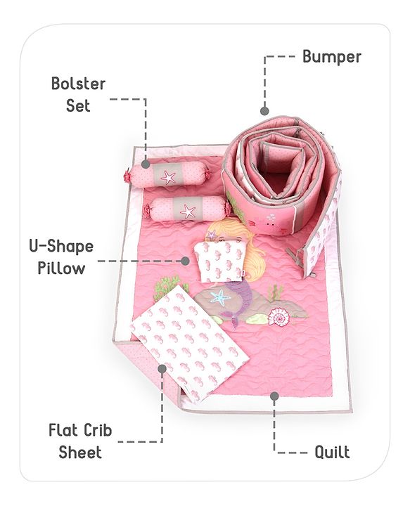 Babyhug Premium Cotton Embroidered Crib Bedding Set Seahorse Theme Large Pack of 6 - Pink