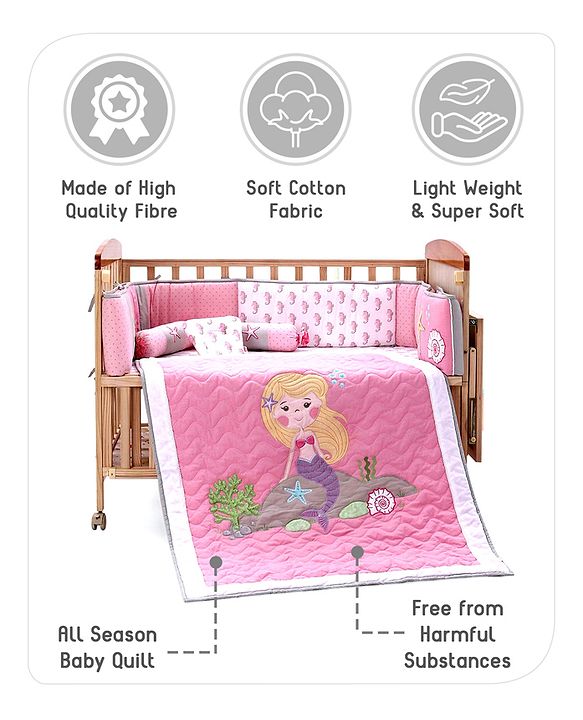Babyhug Premium Cotton Embroidered Crib Bedding Set Seahorse Theme Large Pack of 6 - Pink
