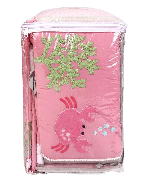 Babyhug Premium Cotton Embroidered Crib Bedding Set Seahorse Theme Large Pack of 6 - Pink
