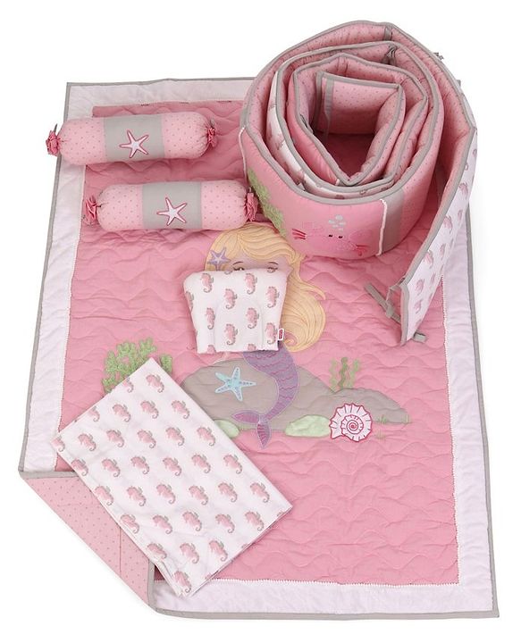 Babyhug Premium Cotton Embroidered Crib Bedding Set Seahorse Theme Large Pack of 6 - Pink