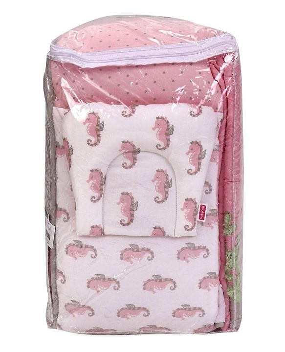 Babyhug Premium Cotton Embroidered Crib Bedding Set Seahorse Theme Large Pack of 6 - Pink