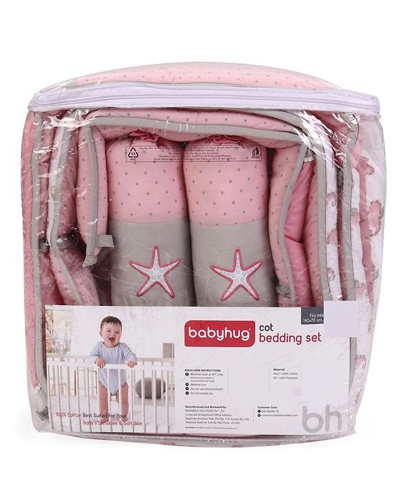 Babyhug Premium Cotton Embroidered Crib Bedding Set Seahorse Theme Large Pack of 6 - Pink