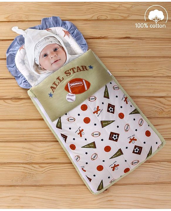 Babyhug Premium Cotton Baby Nest Bag Sports Theme - Multicolour