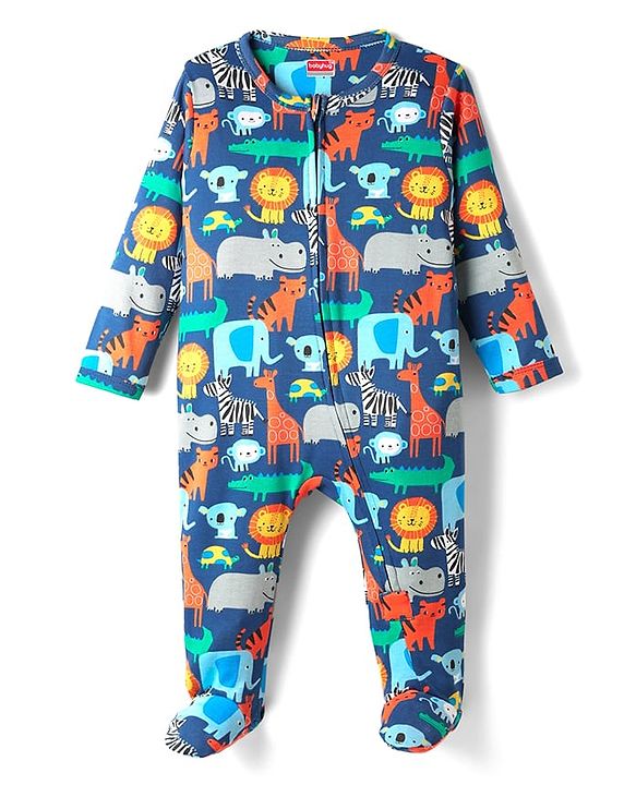 Babyhug Cotton Knit Full Sleeves Footed Sleepsuit with Animal Print - Navy Blue