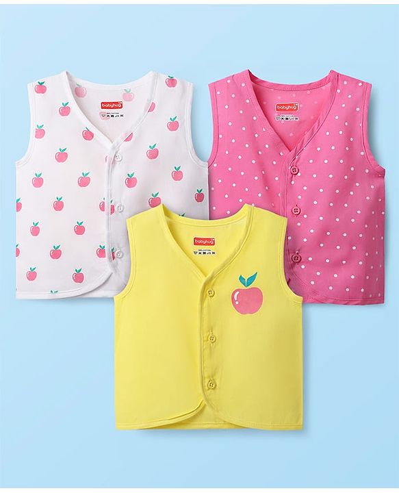 Babyhug 100% Cotton Cambric Woven Front Open Sleeveless Jhabla with Fruit Print Pack of 3 - Yellow Pink & White
