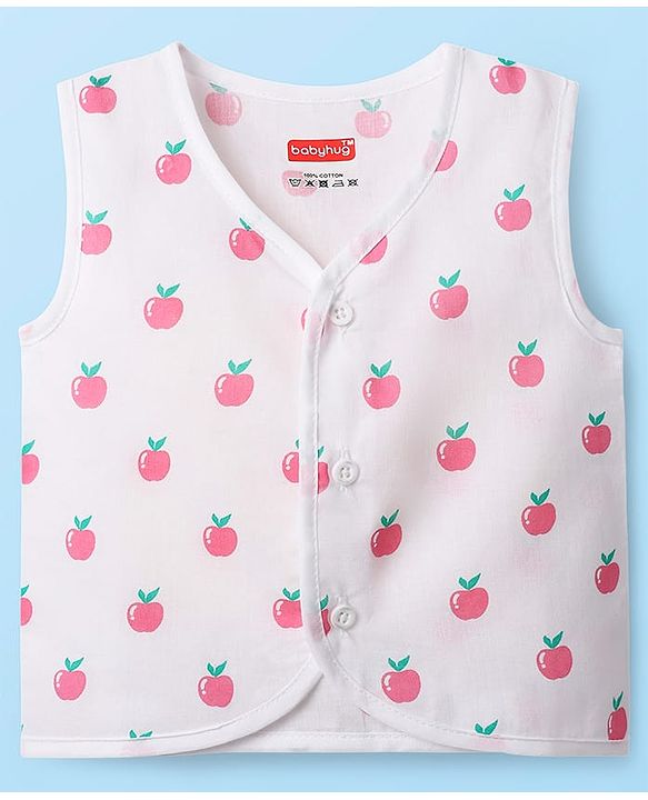 Babyhug 100% Cotton Cambric Woven Front Open Sleeveless Jhabla with Fruit Print Pack of 3 - Yellow Pink & White