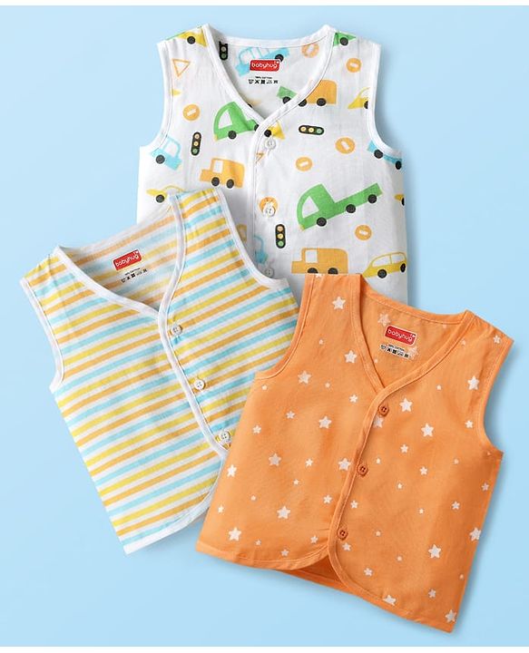 Babyhug 100% Cotton Cambric Woven Sleeveless Front Open Jhablas With Stripes & Vehicle Print Pack of 3 - Orange White & Yellow