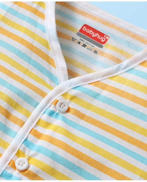 Babyhug 100% Cotton Cambric Woven Sleeveless Front Open Jhablas With Stripes & Vehicle Print Pack of 3 - Orange White & Yellow