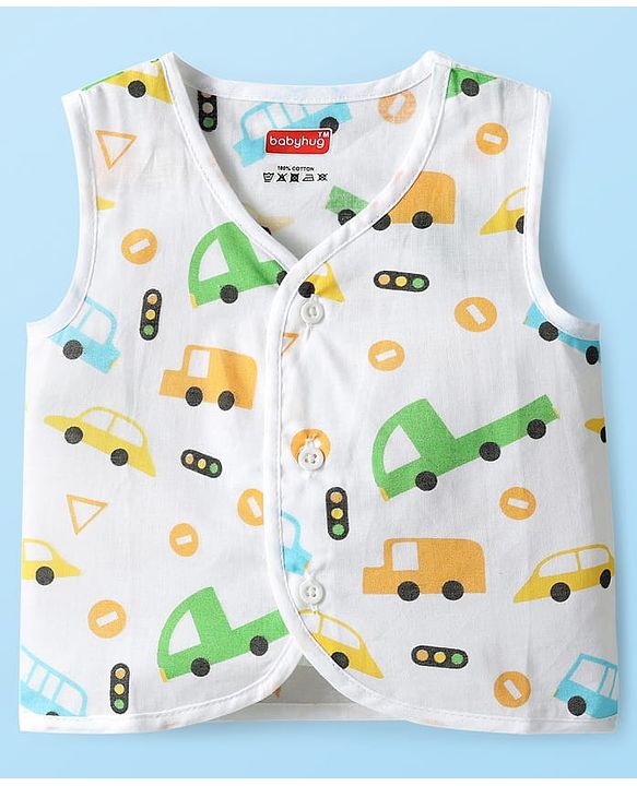 Babyhug 100% Cotton Cambric Woven Sleeveless Front Open Jhablas With Stripes & Vehicle Print Pack of 3 - Orange White & Yellow