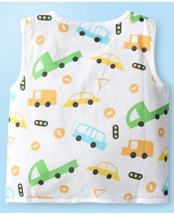Babyhug 100% Cotton Cambric Woven Sleeveless Front Open Jhablas With Stripes & Vehicle Print Pack of 3 - Orange White & Yellow