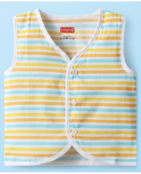 Babyhug 100% Cotton Cambric Woven Sleeveless Front Open Jhablas With Stripes & Vehicle Print Pack of 3 - Orange White & Yellow