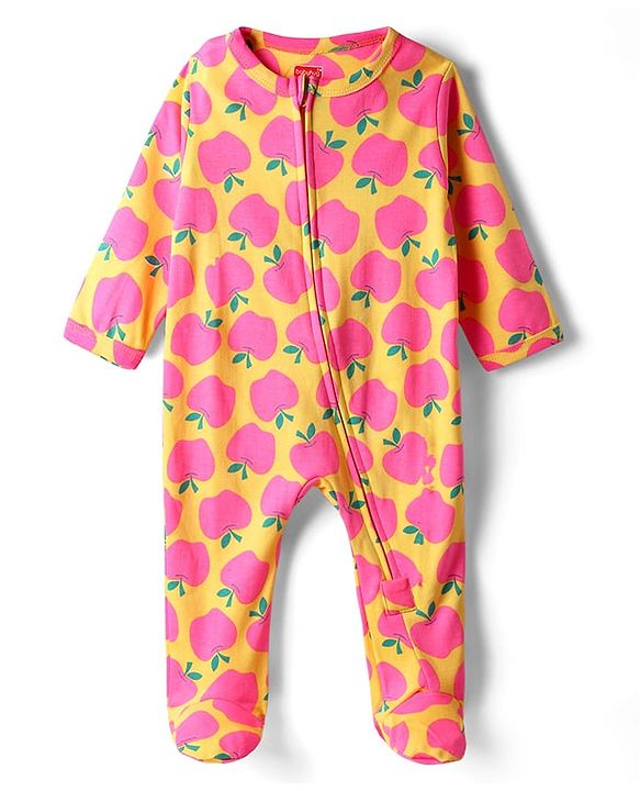 Babyhug Cotton Knit Full Sleeves Front Open Footed Sleep Suit with Apple Print - Yellow