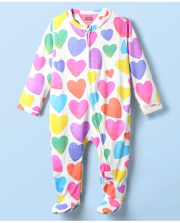 Babyhug Cotton Knit Full Sleeves Footed Sleepsuit With Heart Print - White