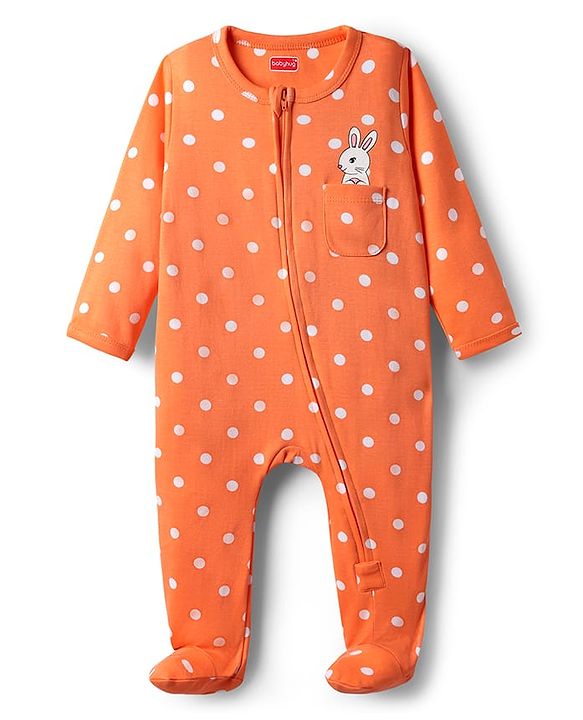 Babyhug Cotton Knit Full Sleeves Footed Sleepsuit With Polka Dot Print - Orange