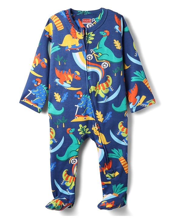 Babyhug Cotton Knit Full Sleeves Footed Sleepsuit With Dino Print - Navy Blue