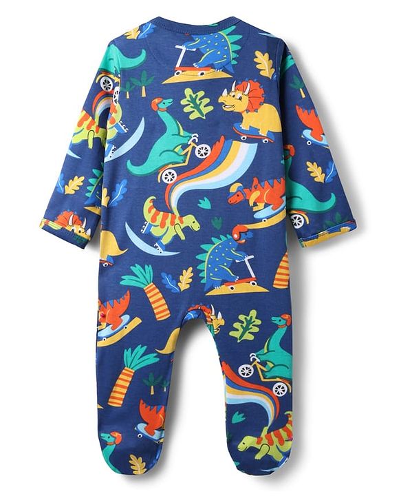 Babyhug Cotton Knit Full Sleeves Footed Sleepsuit With Dino Print - Navy Blue