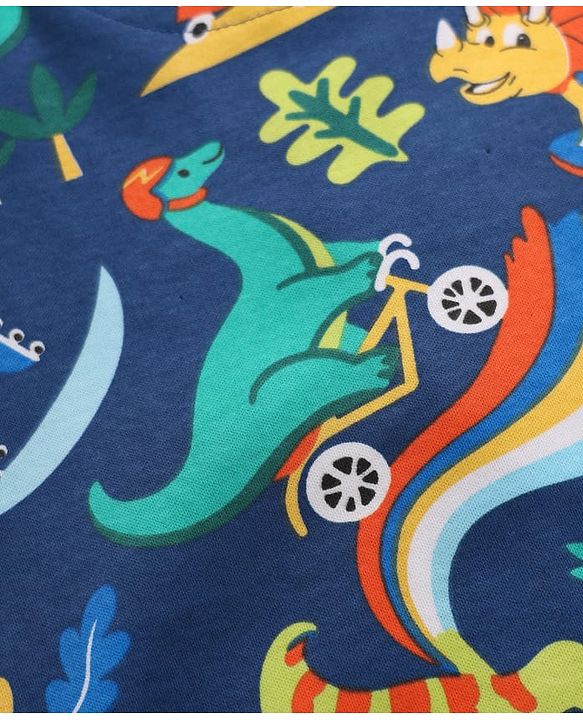 Babyhug Cotton Knit Full Sleeves Footed Sleepsuit With Dino Print - Navy Blue
