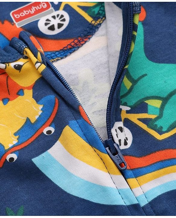Babyhug Cotton Knit Full Sleeves Footed Sleepsuit With Dino Print - Navy Blue