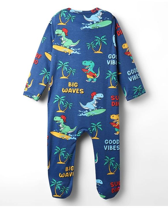 Babyhug Cotton Knit Full Sleeves Footed Sleepsuit With Dino Print - Navy Blue