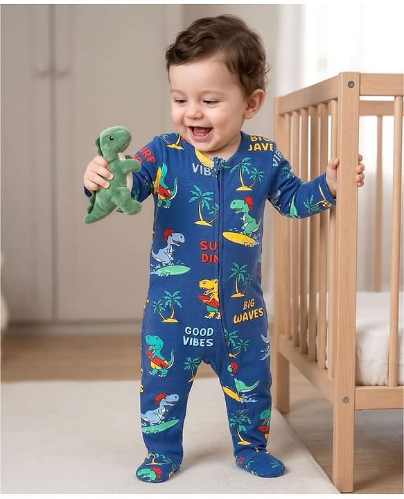 Babyhug Cotton Knit Full Sleeves Footed Sleepsuit With Dino Print - Navy Blue