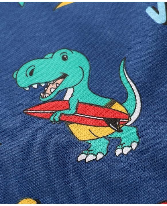 Babyhug Cotton Knit Full Sleeves Footed Sleepsuit With Dino Print - Navy Blue