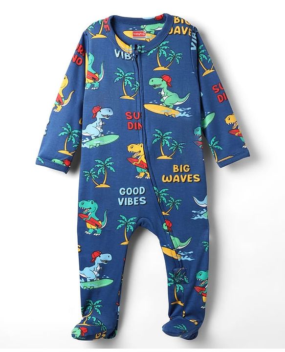 Babyhug Cotton Knit Full Sleeves Footed Sleepsuit With Dino Print - Navy Blue