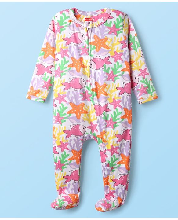 Babyhug Cotton Knit Full Sleeves Footed Sleepsuit With Fish Print - Multicolour
