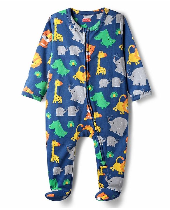 Babyhug Cotton Knit Full Sleeves Footed Sleepsuit with Animal Print - Navy Blue