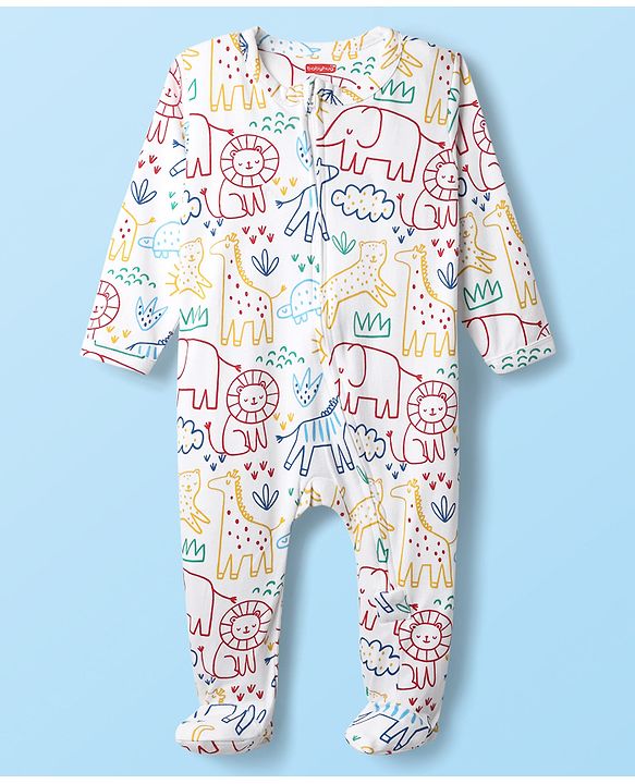 Babyhug Cotton Knit Full Sleeves Footed Sleepsuit With Animal Print - White
