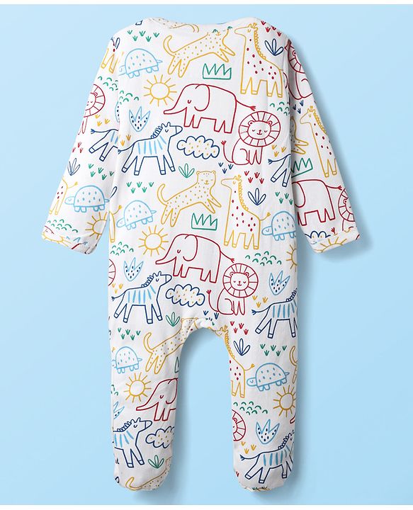 Babyhug Cotton Knit Full Sleeves Footed Sleepsuit With Animal Print - White