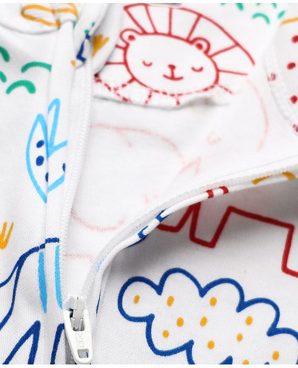 Babyhug Cotton Knit Full Sleeves Footed Sleepsuit With Animal Print - White