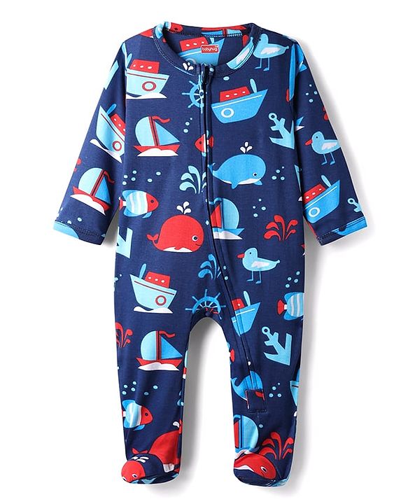 Babyhug Cotton Knit Full Sleeves Footed Sleepsuit With Nautical Theme Print - Navy Blue