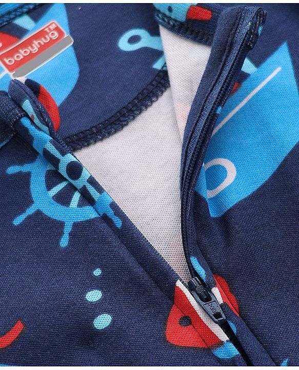 Babyhug Cotton Knit Full Sleeves Footed Sleepsuit With Nautical Theme Print - Navy Blue