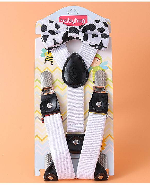 Babyhug Free Size Bow & Suspender Set With Heart Print - White