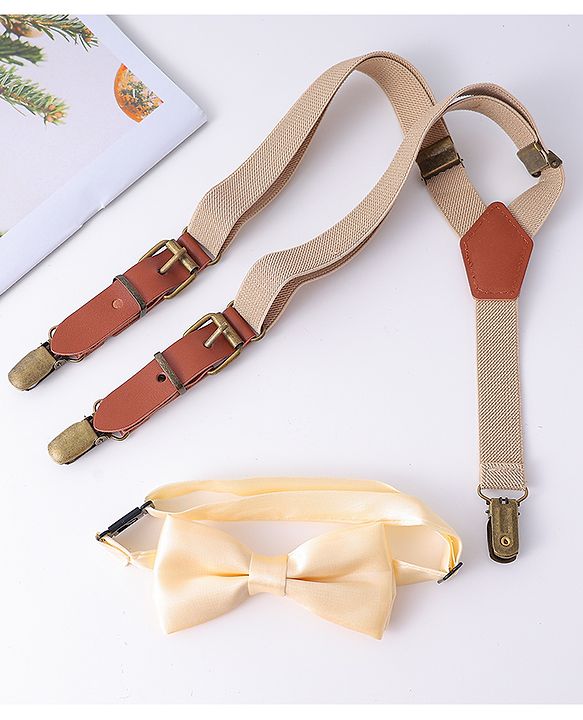 Pine Kids Free Size Bow & Suspender Set - Khaki & Brown