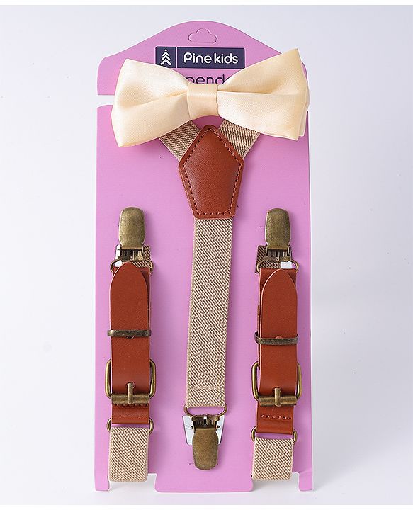 Pine Kids Free Size Bow & Suspender Set - Khaki & Brown