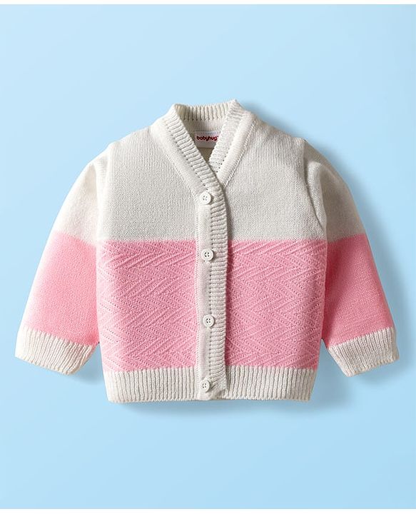 Babyhug Knit Full Sleeves Color Blocked Front Open Sweater Set with Pair of Mittens & Cap - Pink & White