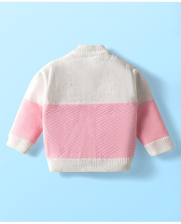 Babyhug Knit Full Sleeves Color Blocked Front Open Sweater Set with Pair of Mittens & Cap - Pink & White
