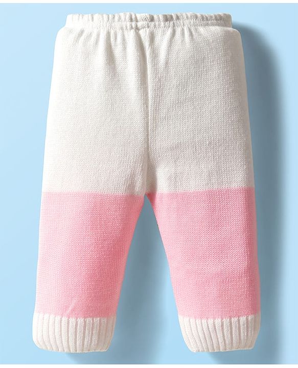 Babyhug Knit Full Sleeves Color Blocked Front Open Sweater Set with Pair of Mittens & Cap - Pink & White