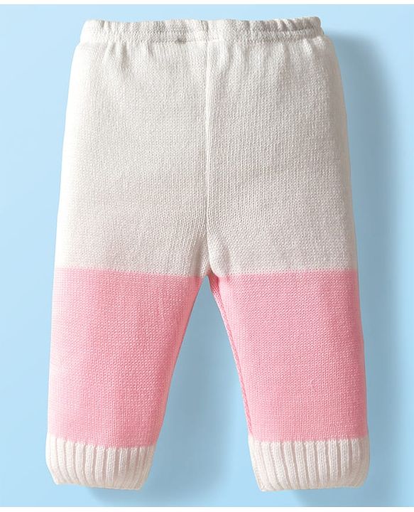 Babyhug Knit Full Sleeves Color Blocked Front Open Sweater Set with Pair of Mittens & Cap - Pink & White