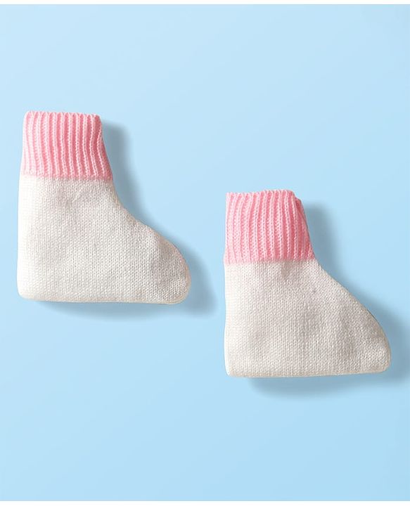Babyhug Knit Full Sleeves Color Blocked Front Open Sweater Set with Pair of Mittens & Cap - Pink & White