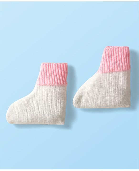 Babyhug Knit Full Sleeves Color Blocked Front Open Sweater Set with Pair of Mittens & Cap - Pink & White