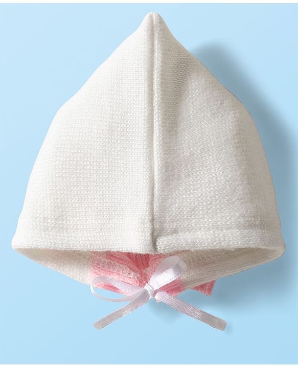 Babyhug Knit Full Sleeves Color Blocked Front Open Sweater Set with Pair of Mittens & Cap - Pink & White